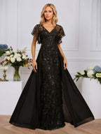 Sheath/Column Illusion V-Neck Floor-Length Sequin Chiffon Lace Evening Dress With Overskirt