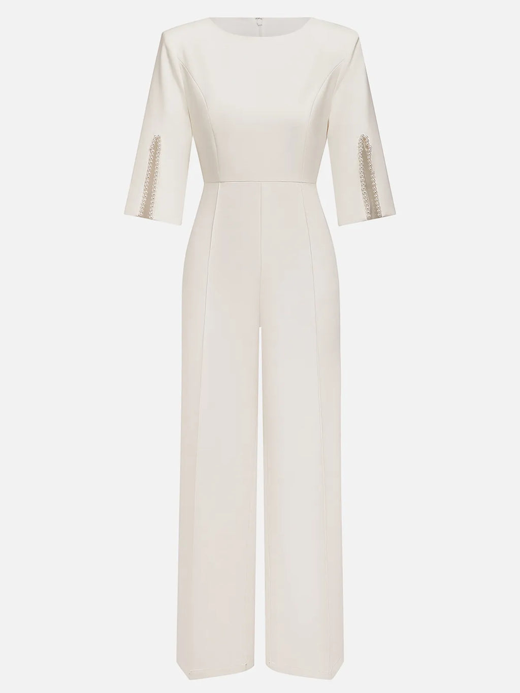 Macacão feminino branco com imitação de pérolas, decote barco com fenda e mangas meia-lua, elegante