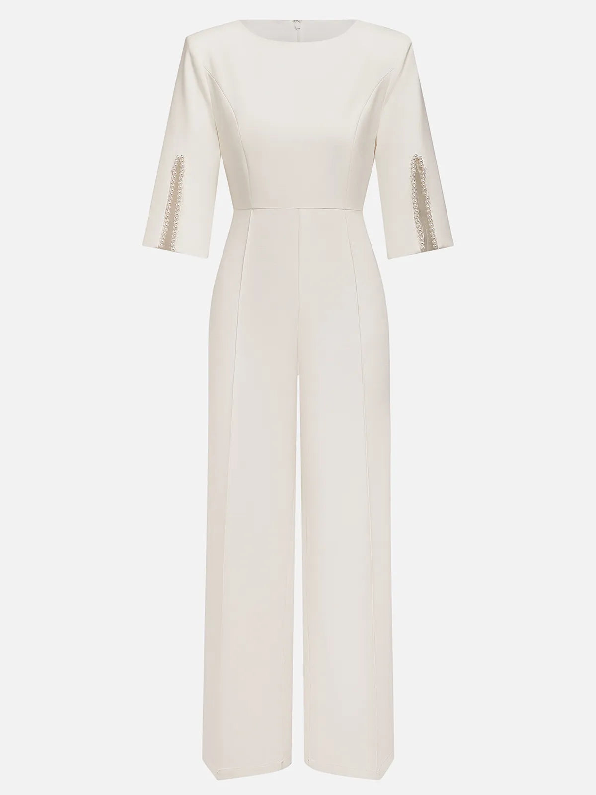 Macacão feminino branco com imitação de pérolas, decote barco com fenda e mangas meia-lua, elegante
