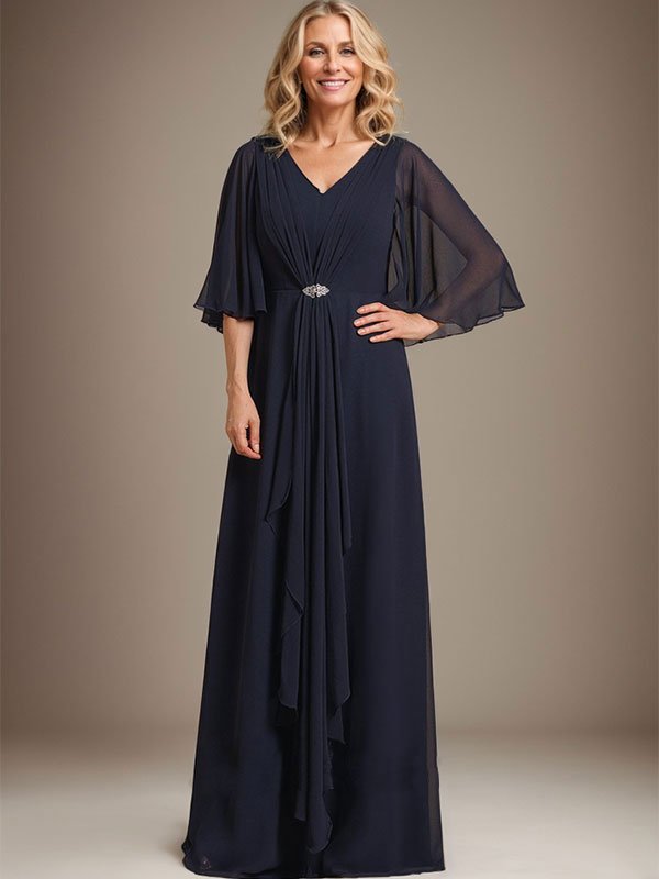 A-Linien V-Ausschnitt Bodenlanges Chiffon Kleid für die Brautmutter mit kaskadierenden Rüschen und Kristallbrosche