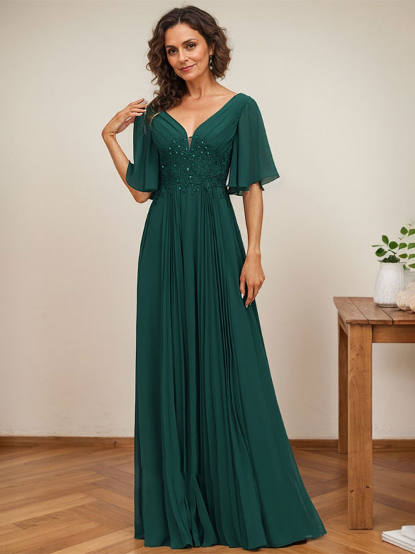 A-Linien V-Ausschnitt bodenlanges Chiffon Mutterkleid der Braut mit Pailletten-Applikationen, Spitze und Falten