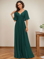 A-Linien V-Ausschnitt bodenlanges Chiffon Mutterkleid der Braut mit Pailletten-Applikationen, Spitze und Falten