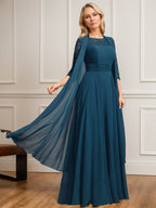 Vestido para madre de la novia línea A con escote redondo ilusión, largo hasta el suelo, encaje y chiffon plisado