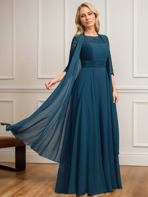 Robe mère de la mariée en mousseline et dentelle à coupe trapèze, col rond illusion, longueur au sol, avec plis