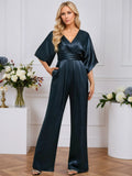 Jumpsuits V-Neck Floor-Length Stretch Satin Evening Dress With Pleated