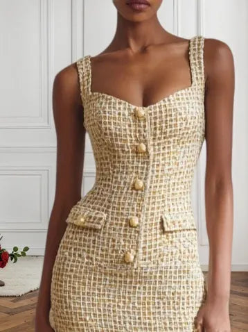 Golden Buckle Pocket Stitching Tweed Spaghetti Sleeveless Sheath Midi Dress