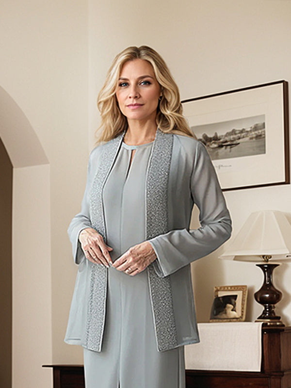 Robe mère de la mariée grise en mousseline longueur thé avec veste pailletée