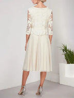 A-Linie Rundhals Tee-Länge Spitze Chiffon Mutter-der-Braut-Kleid mit Stickerei