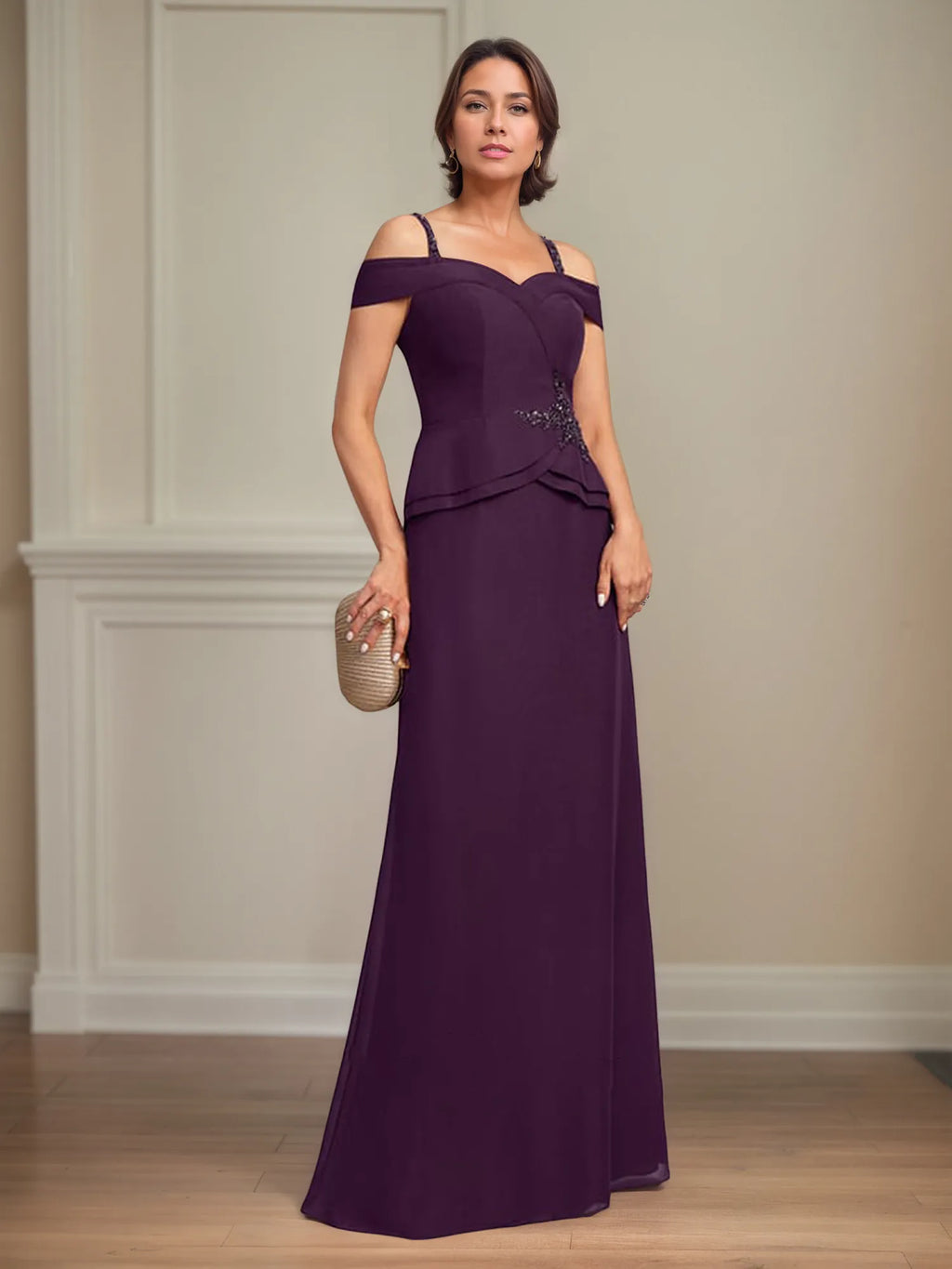 A Line Cold Shoulder Floor Length Chiffon Mother of the Bride Dress With Beading Sequins