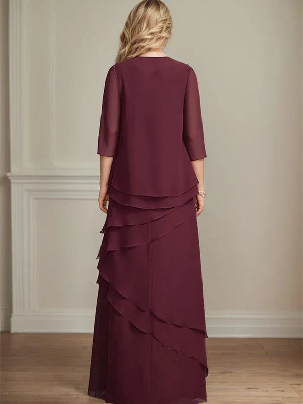 Abito da madre della sposa in chiffon a colonna con scollatura a U e lunghezza fino a terra