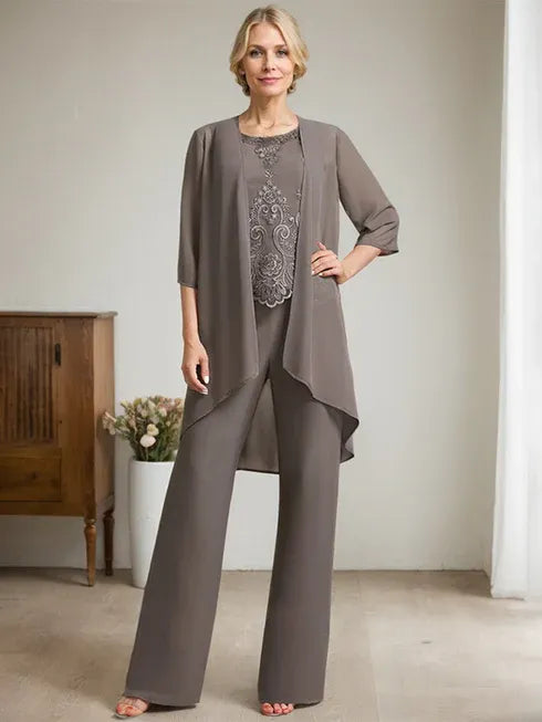 Conjunto de mono/pantalón separado de madre de la novia con encaje de gasa hasta el suelo, escote redondo y adornos de cuentas y lentejuelas