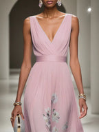 Pink Floral Chiffon V Neck Sleeveless A-Line Maxi Dress