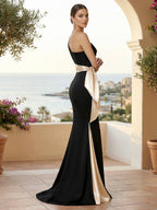 One Shoulder Mermaid Satin Pleat Evening Dresses with Bow