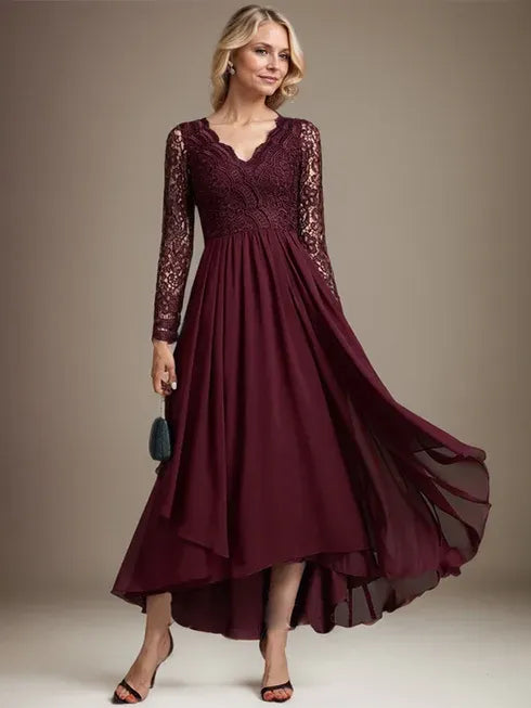 Vestido de madre de la novia en línea A con escote en V, encaje y gasa asimétrica