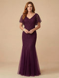 Trumpet-/Meerjungfrau-Kleid mit V-Ausschnitt, bodenlang, Brautmutterkleid mit fallenden Rüschen
