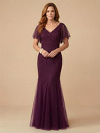 Trumpet-/Meerjungfrau-Kleid mit V-Ausschnitt, bodenlang, Brautmutterkleid mit fallenden Rüschen