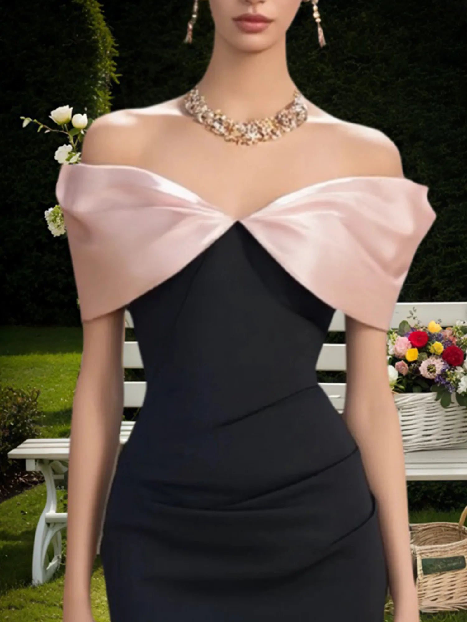 Robe de cocktail rose épaules dénudées colorblock longueur genou