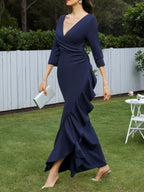 Kleid für die Mutter der Braut, marineblau, V-Ausschnitt, 3/4-Ärmel, Rüschen, Maxikleid