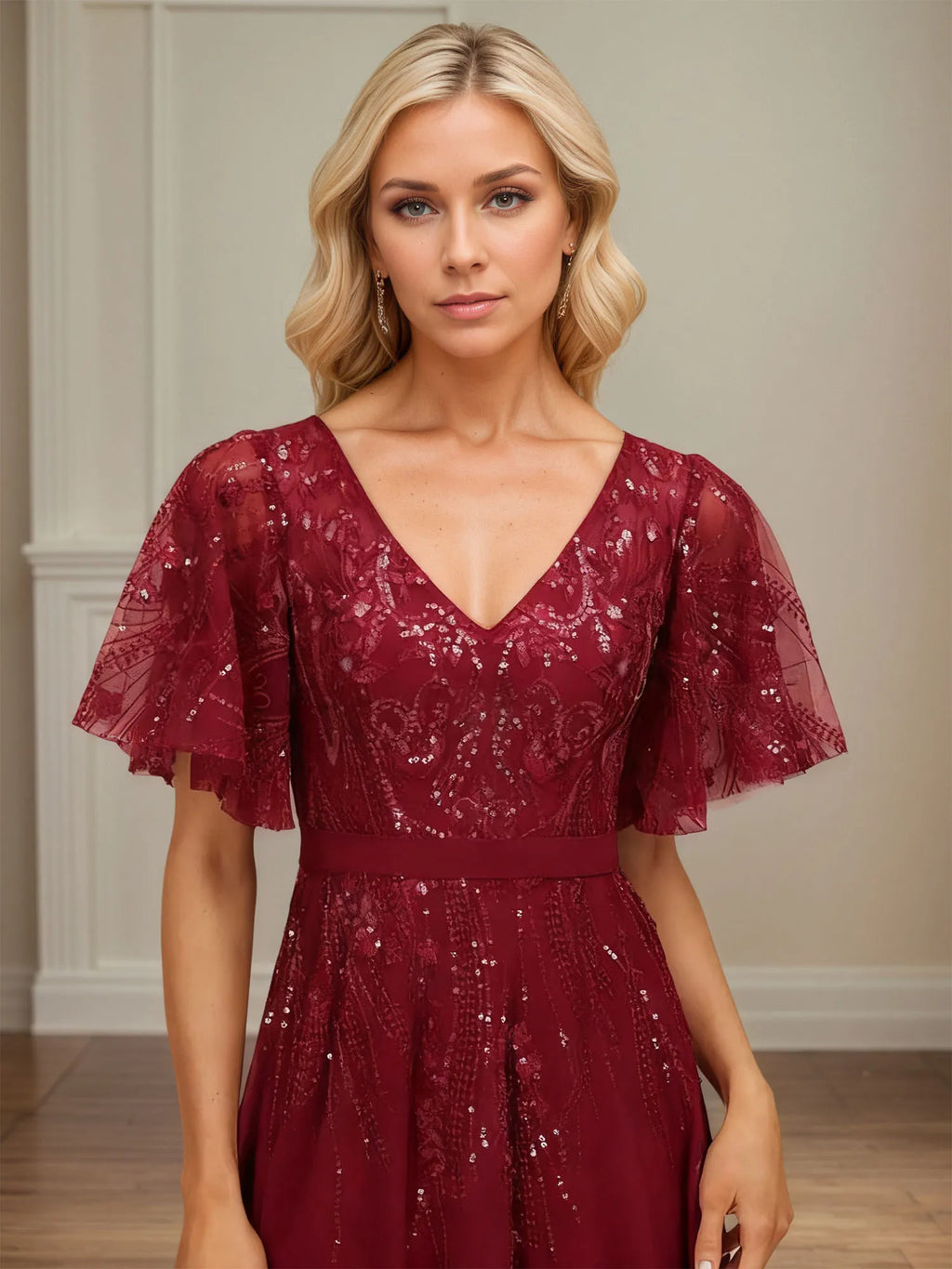 A-line V-Neck Floor-Length Lace Chiffon Evening Dress With Sequins