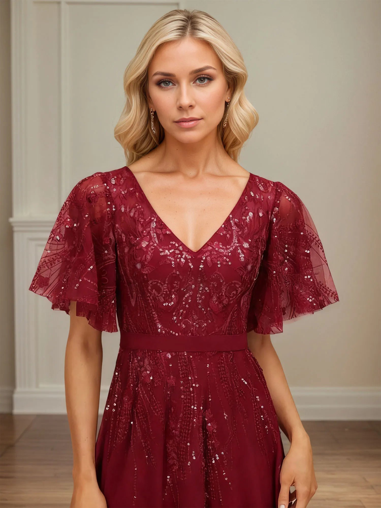 A-line V-Neck Floor-Length Lace Chiffon Evening Dress With Sequins