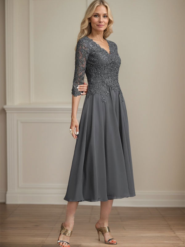 A-Linien-Brautmutterkleid aus Chiffon, V-Ausschnitt, tea-length mit Spitze, Pailletten und Perlen
