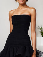 Abito formale lungo chic verde scuro in tulle senza spalline a balze