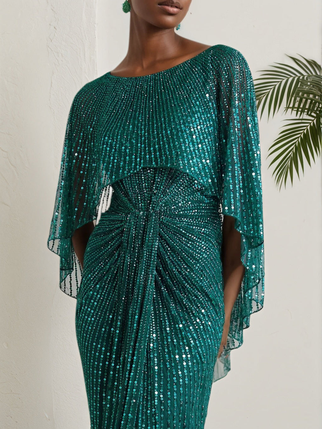 Grünes Pailletten-Dolman-Ärmel Etuikleid Maxikleid