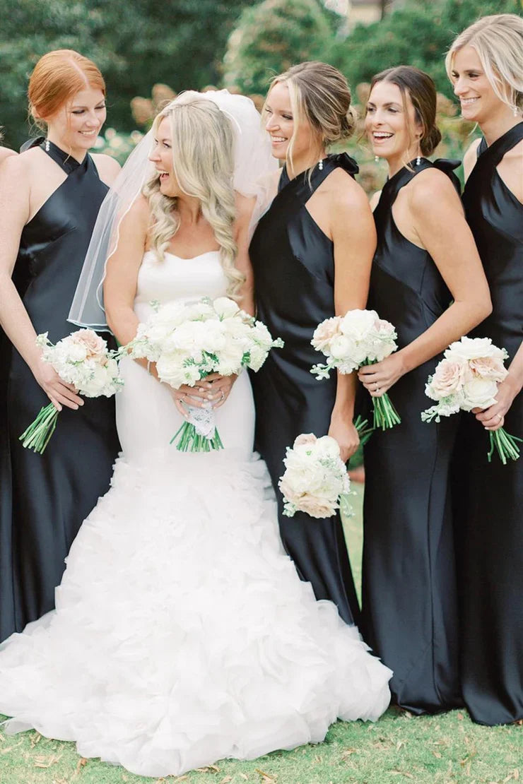 Black Halter Cutout Back Long Bridesmaid Dress