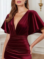 Vestido formal de terciopelo burdeos con escote en V, largo maxi para madre de la novia