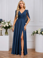 A-line V-Neck Floor-Length Chiffon Evening Dress With Cape Pleated