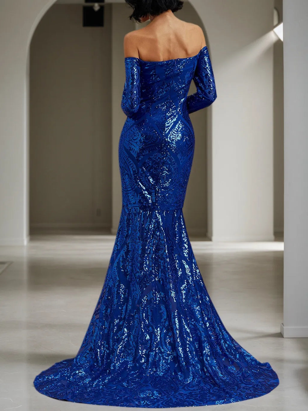 Königsblaues Pailletten-Kleid schulterfrei mit langen Ärmeln, Meerjungfrauen-Schnitt