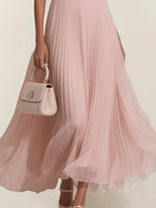 A Line Pink Chiffon V Neck Rhinestone Ruffle Sleeve Ankle Length Dress