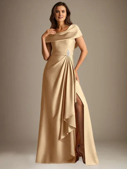A-Linien-Kleid mit Rundhalsausschnitt, bodenlang, aus Stretch-Satin, Brautmutterkleid mit fallenden Rüschen