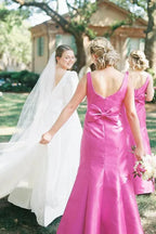 Sheath Square Neck Fuchsia Satin Bridesmaid Dresses with Bow