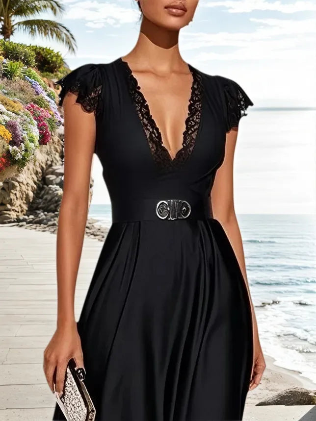 Abito midi a linea A in raso nero con pizzo, scollo a V e maniche corte