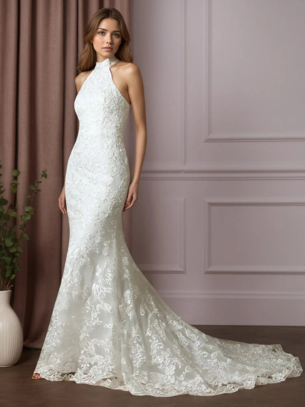 Abito da sposa bianco a tromba/sirena in pizzo plissettato