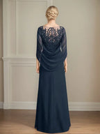 A Line Scoop 3/4 Sleeve Chiffon Mother of the Bride Dress With Appliques
