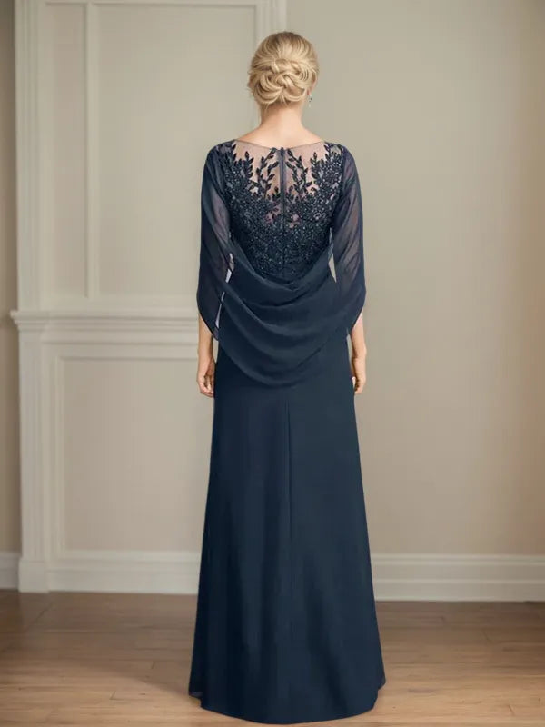 A Line Scoop 3/4 Sleeve Chiffon Mother of the Bride Dress With Appliques