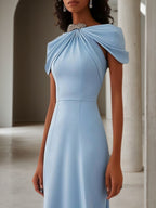 Vestido formal para invitada de boda maxi azul claro con adornos de cristal