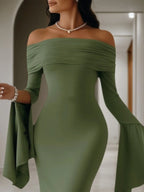 Formal Evening Dress Green Off Shoulder Maxi Long Sleeve Dress