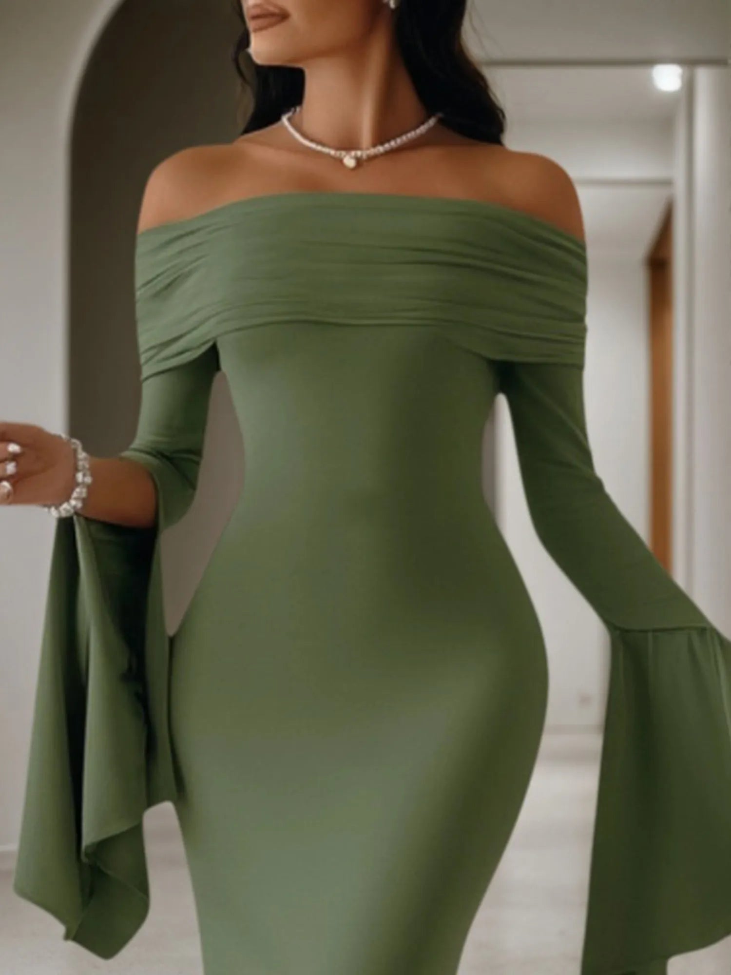 Formal Evening Dress Green Off Shoulder Maxi Long Sleeve Dress