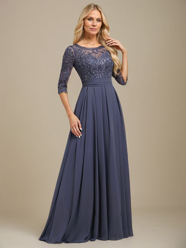 Vestido largo hasta el suelo en línea A con escote redondo, encaje y gasa para madre de la novia con apliques de lentejuelas