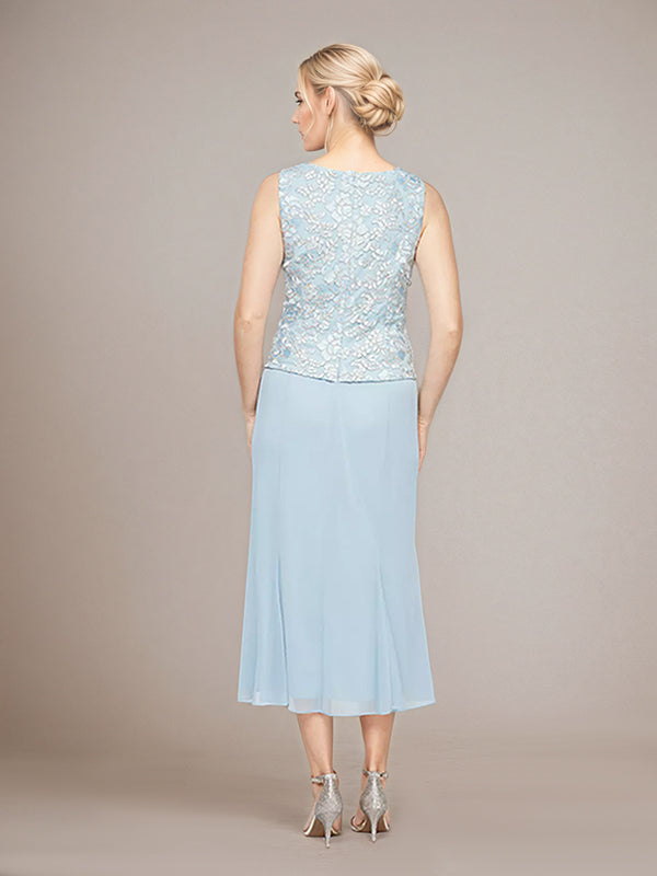 Sheath/Column Chiffon Square Neck Sleeveless Tea Length Mother of the Bride Dress