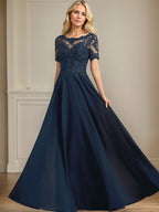 A-Linien Rundhals Illusions-Bodenlanges Chiffon-Spitzenkleid für die Mutter der Braut mit Pailletten und Perlen
