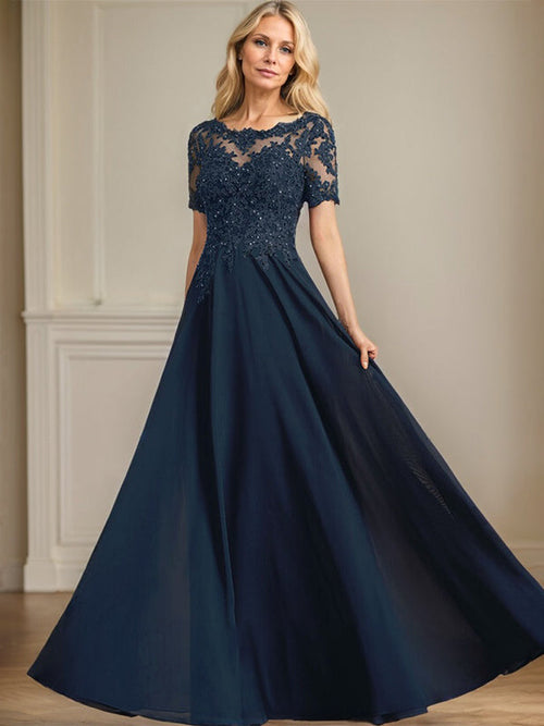 Robe mère de la mariée ligne A col rond illusion longueur au sol en chiffon et dentelle avec perles sequins