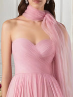 Vestido formal de noche de malla rosa con bufanda, vestido largo maxi