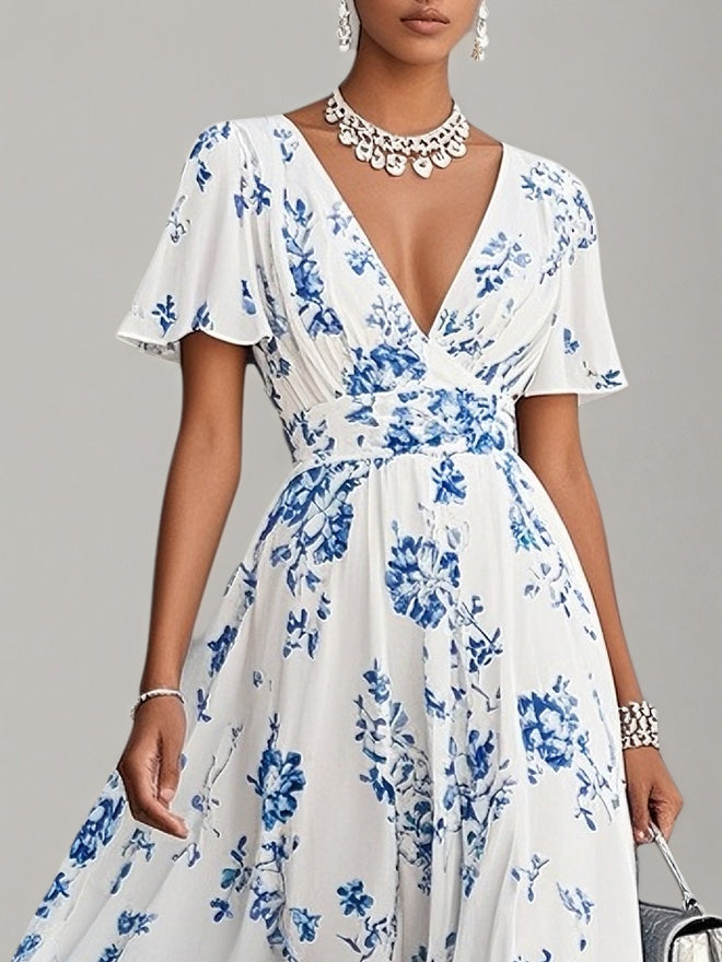 Blaues Blumen-Chiffon V-Ausschnitt kurzärmeliges A-Linien Maxikleid