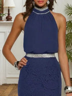 Bläulich-lila Meerjungfrau-Kleid mit Rüschen, Spitze, Neckholder, ärmellos, mit Strasssteinen