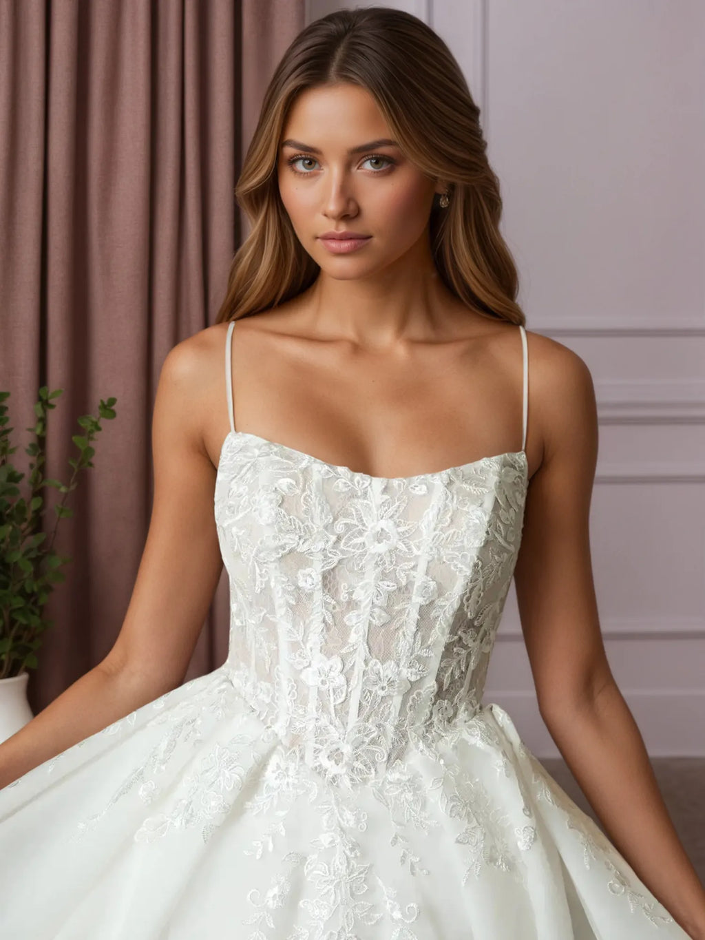 Vestido de novia blanco de corte princesa sin tirantes con encaje plisado