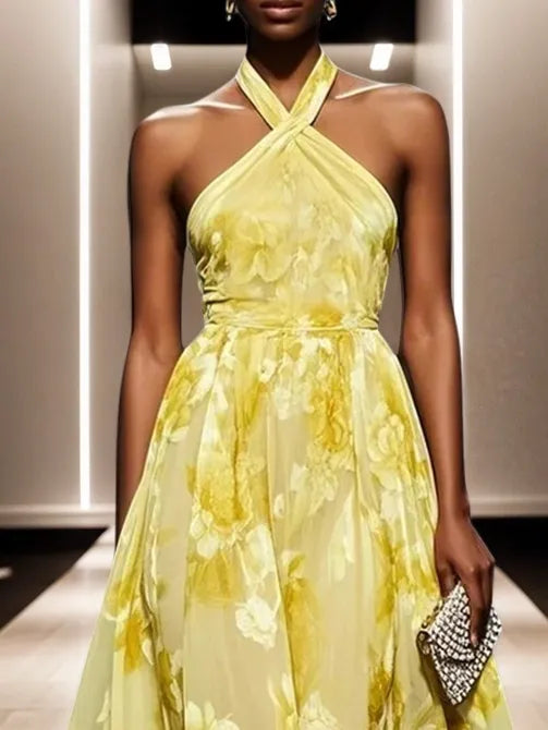 Robe midi jaune en chiffon à fleurs, col halter, sans manches, coupe A